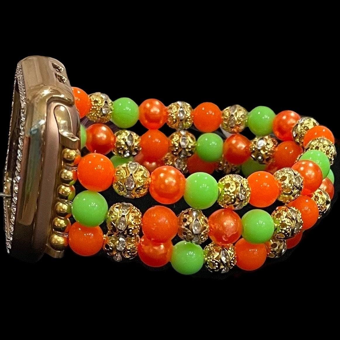 Bright Neon Summer Beaded Watch Band Compatible with Apple Watch Made with Acrylic and Gold Rhinestone Beads Accents
