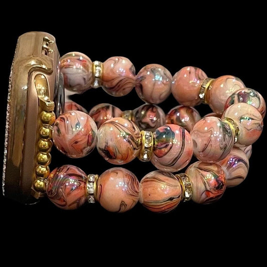 Neutral Beaded Watch Band Compatible with Apple Watch Made with Acrylic and Rhinestone Beads, Tan Brown Orange Womens Watch Band