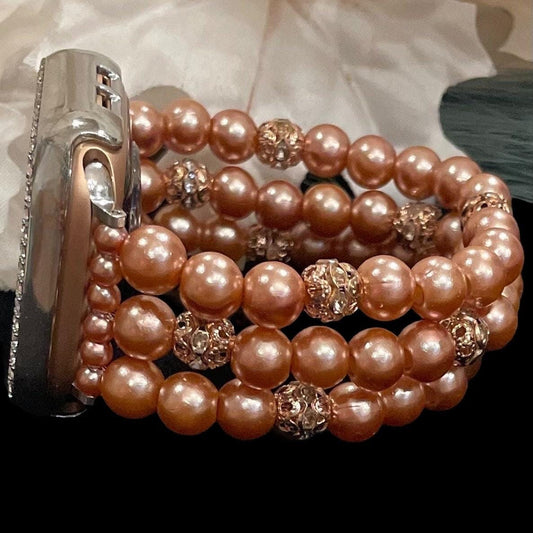 Tan Brown Watch Band Compatible with Apple Watch Made with Imitation Pearl and Rhinestone Beads