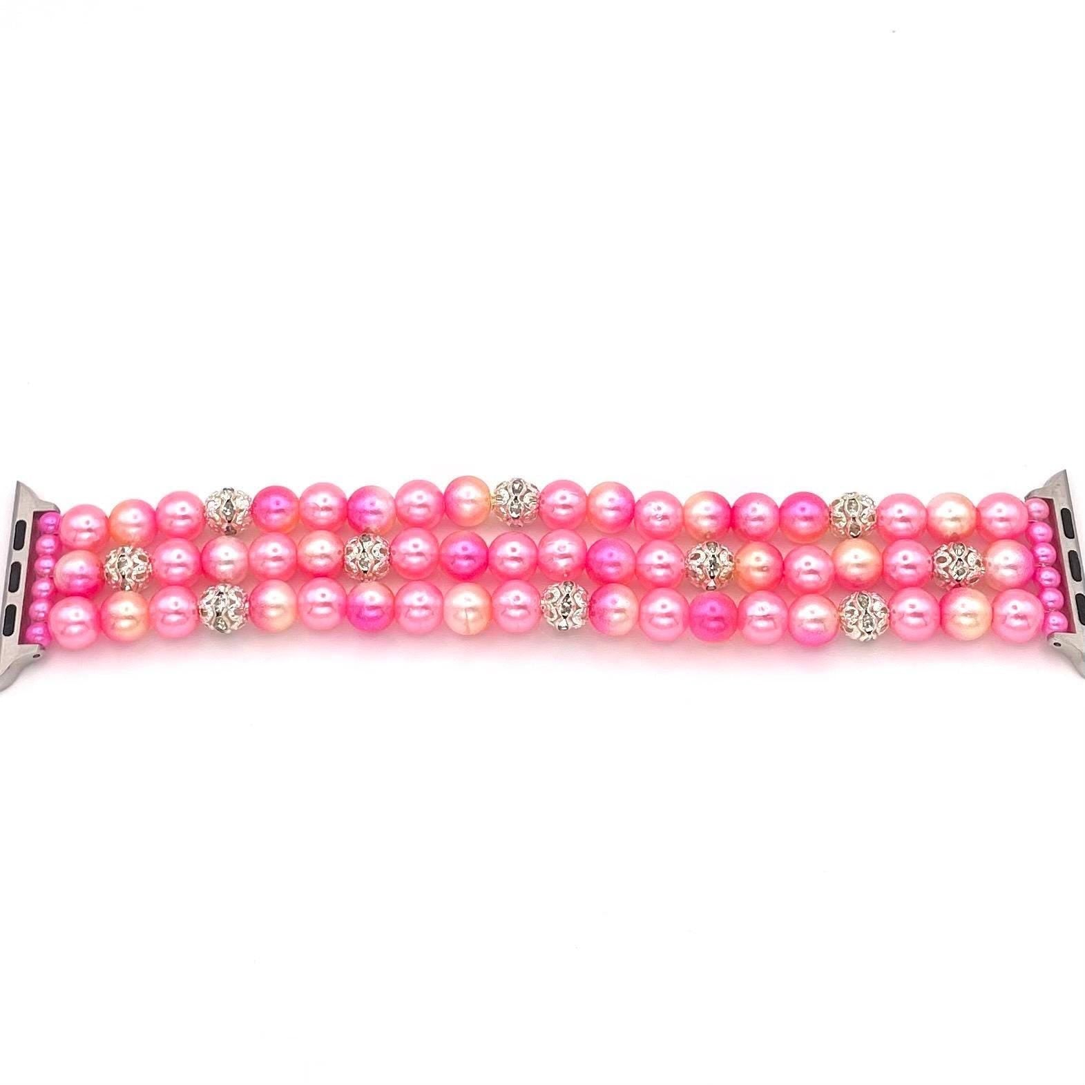 Pink & Orange Ombré Pearl Watch Band Compatible with Apple Watch Made with Imitation Pearl and Rhinestone Beads