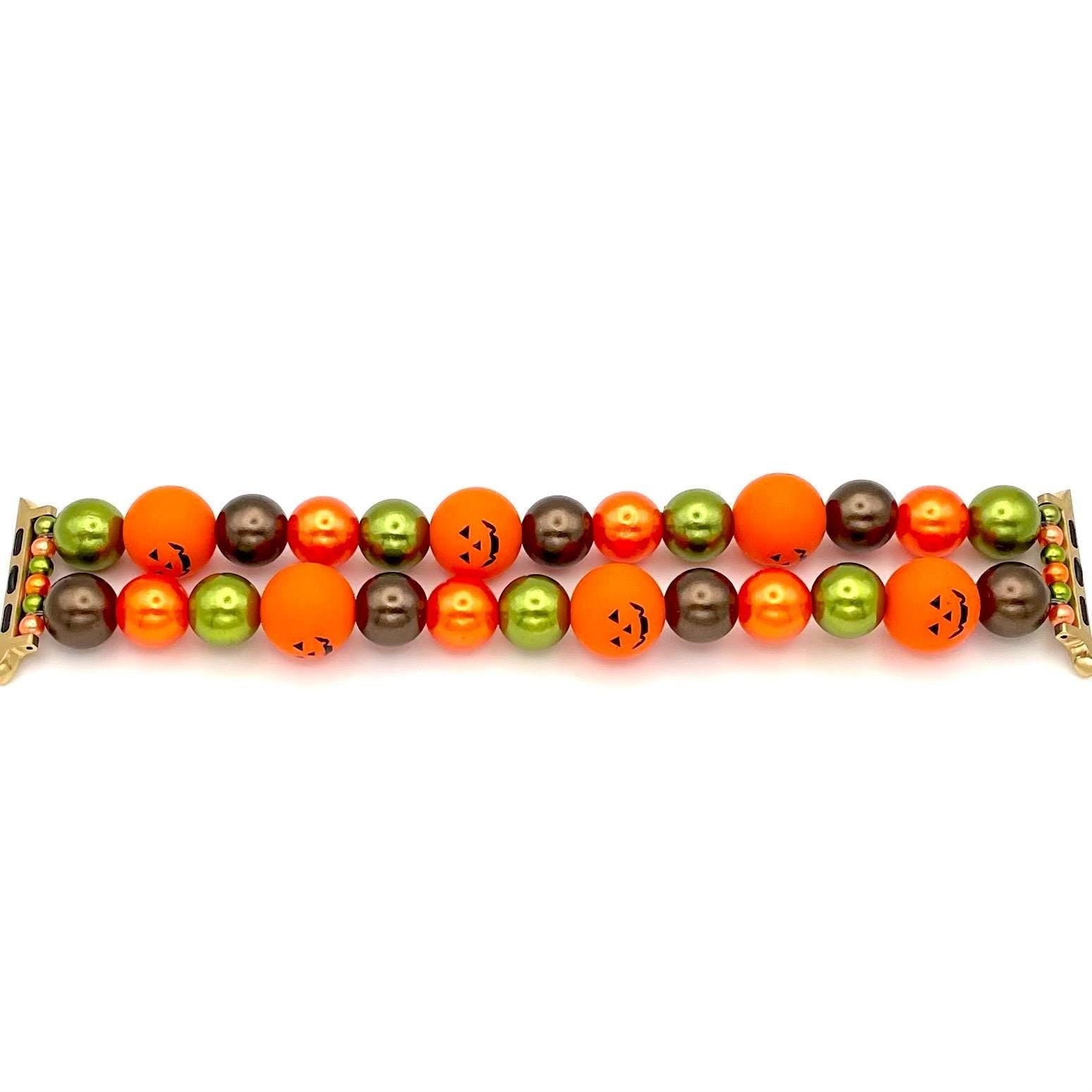 Fall Pumpkin Chunky Large Bead Watch Band Compatible with Apple Watch Made with Silicone Jack O Lantern and Acrylic Pearl Beads