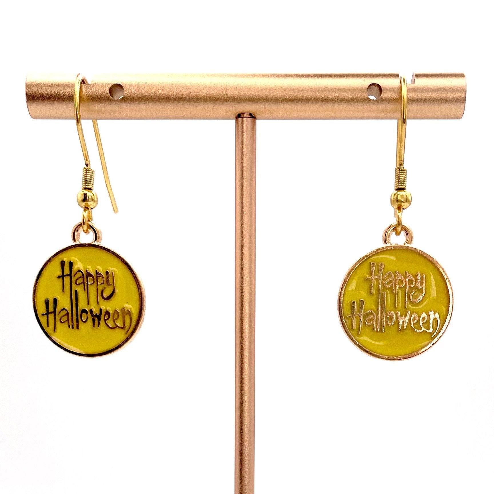 Yellow Happy Halloween Earrings Made with Gold Finished Stainless Steel Earring Hooks