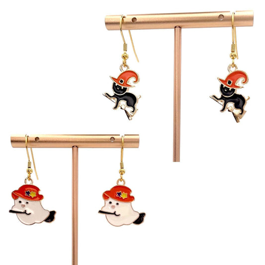 Halloween Cats or Ghosts on Broomsticks Earrings Made with Gold Finished Stainless Steel Earring Hooks