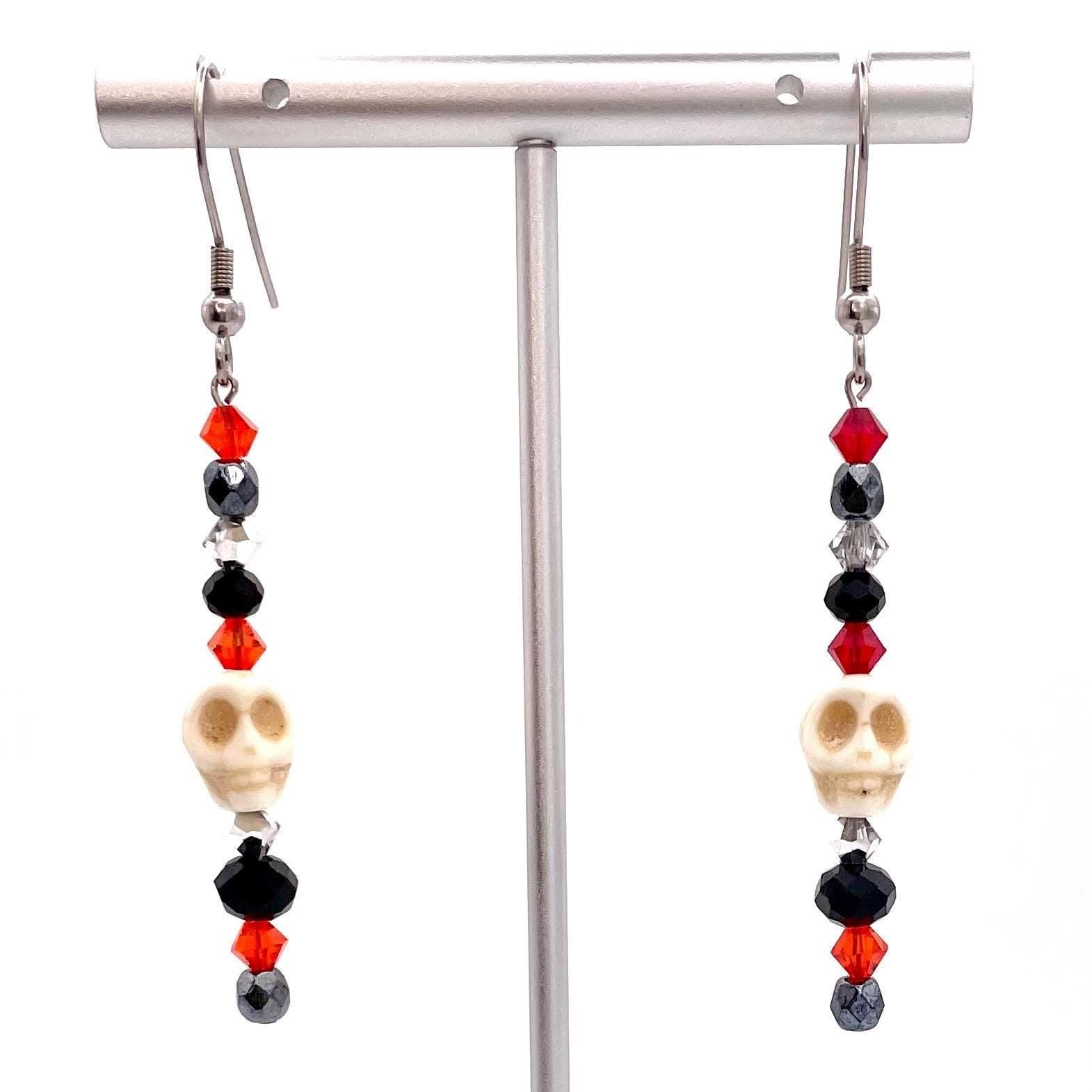 Beaded Skull Halloween Earrings Made with Stainless Steel Earring Hooks