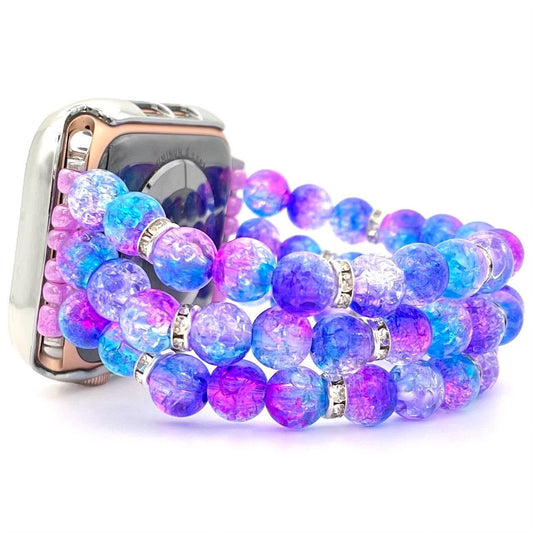 Custom Sized Beaded Pink and Blue Watch Band Compatible with Apple or Fitbit Watch Made with Crackle Acrylic and Rhinestone Beads
