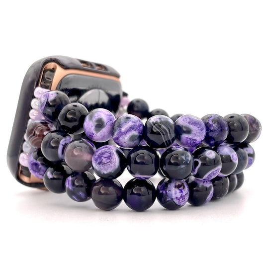 Custom Handmade Purple and Black Stone Agate Beaded Apple Watch Band, Fall Halloween Apple Watch Band