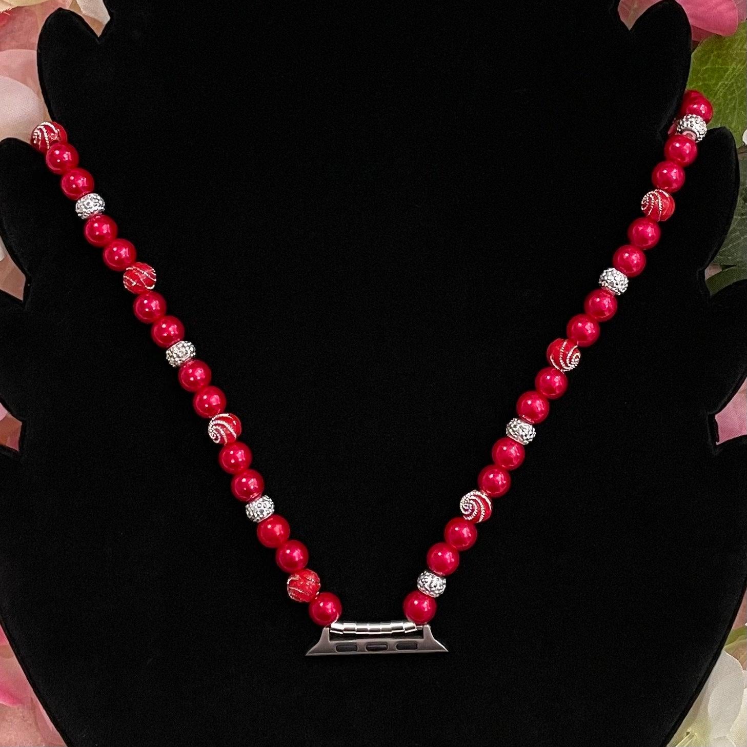 Christmas Watch Necklace Pendant Compatible With Apple Watch Made With Imitation Pearls and Rhinestone Beads