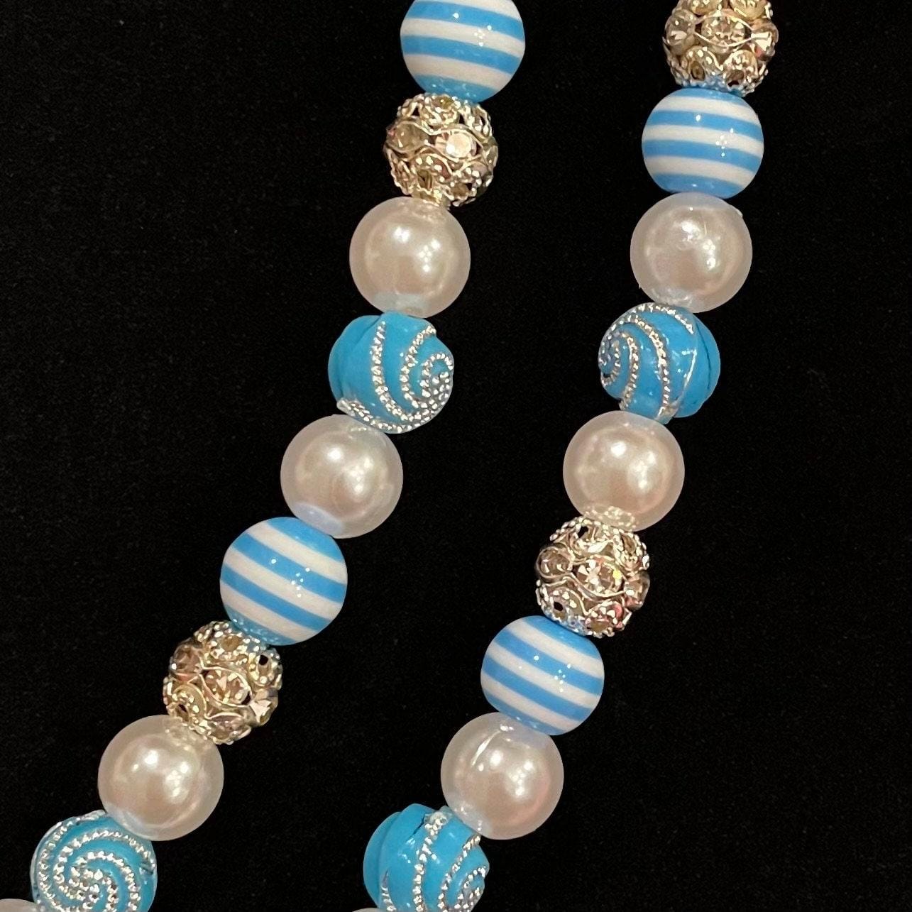Blue Watch Necklace Pendant Compatible With Apple Watch Made With Imitation Pearls, Acrylic, and Rhinestone Beads