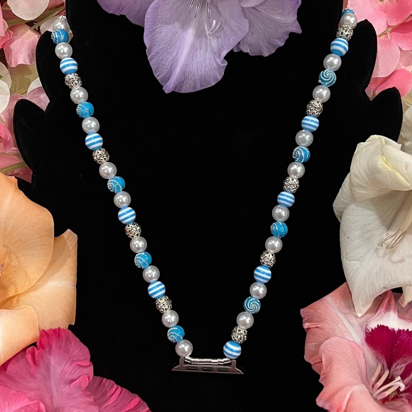 Blue Watch Necklace Pendant Compatible With Apple Watch Made With Imitation Pearls, Acrylic, and Rhinestone Beads
