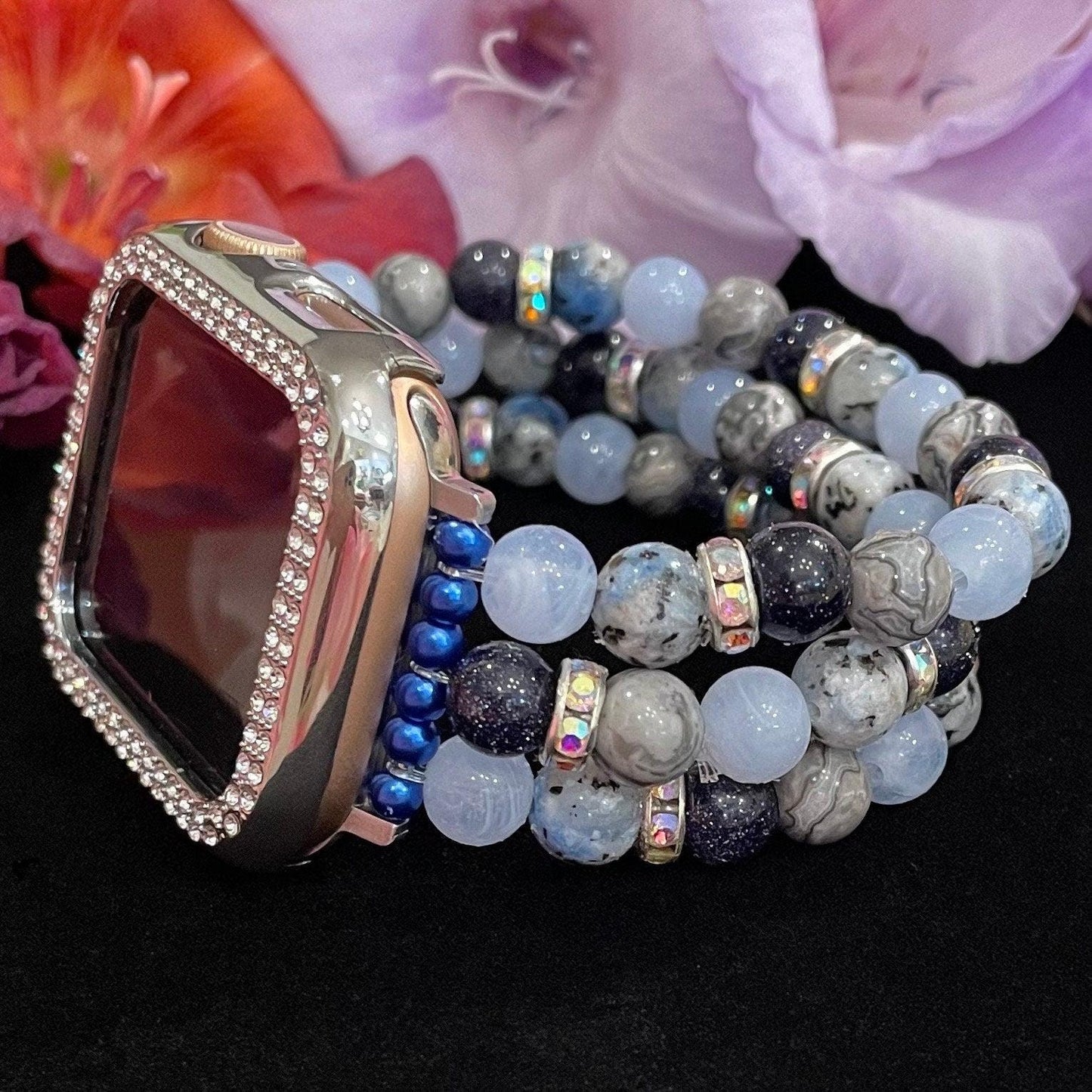 Blue Winter Watch Band Compatible with Apple Watch Made with Blue Spot Jade, Jasper, Sand Stone, Blue Cloud, and Rhinestone Beads.