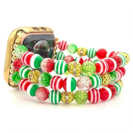 Holiday-Themed Beaded Apple Watch Band For Women – Festive Red, Green & Gold Stretch Bracelet | The Perfect Christmas Accessory!