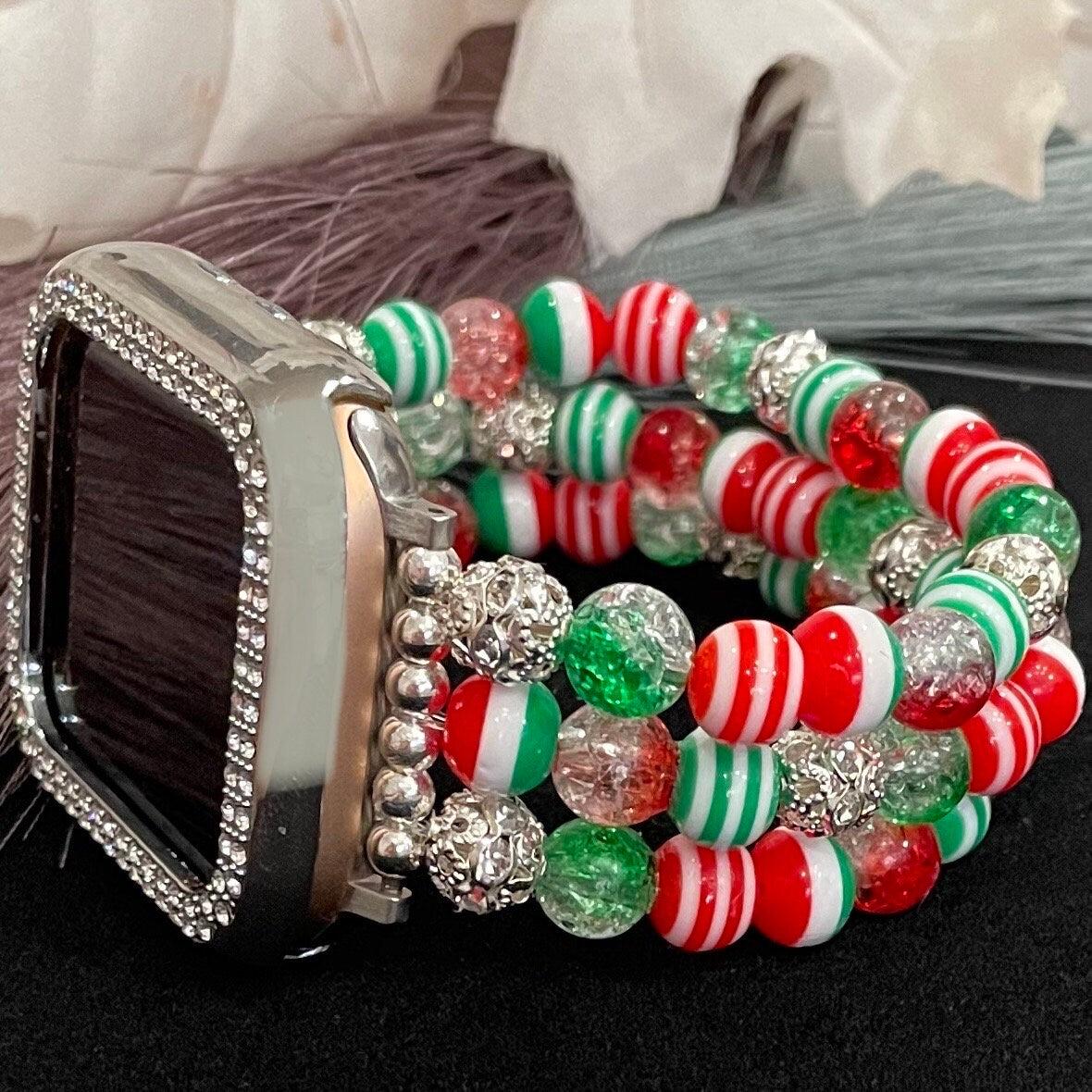 Christmas Watch Band Compatible with Apple Watch Made with Acrylic and Rhinestone Beads (Available in Silver or Gold). Custom Sizing!