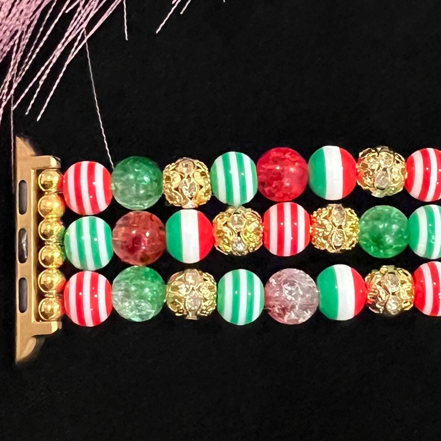 Christmas Watch Band Compatible with Apple Watch Made with Acrylic and Rhinestone Beads (Available in Silver or Gold). Custom Sizing!