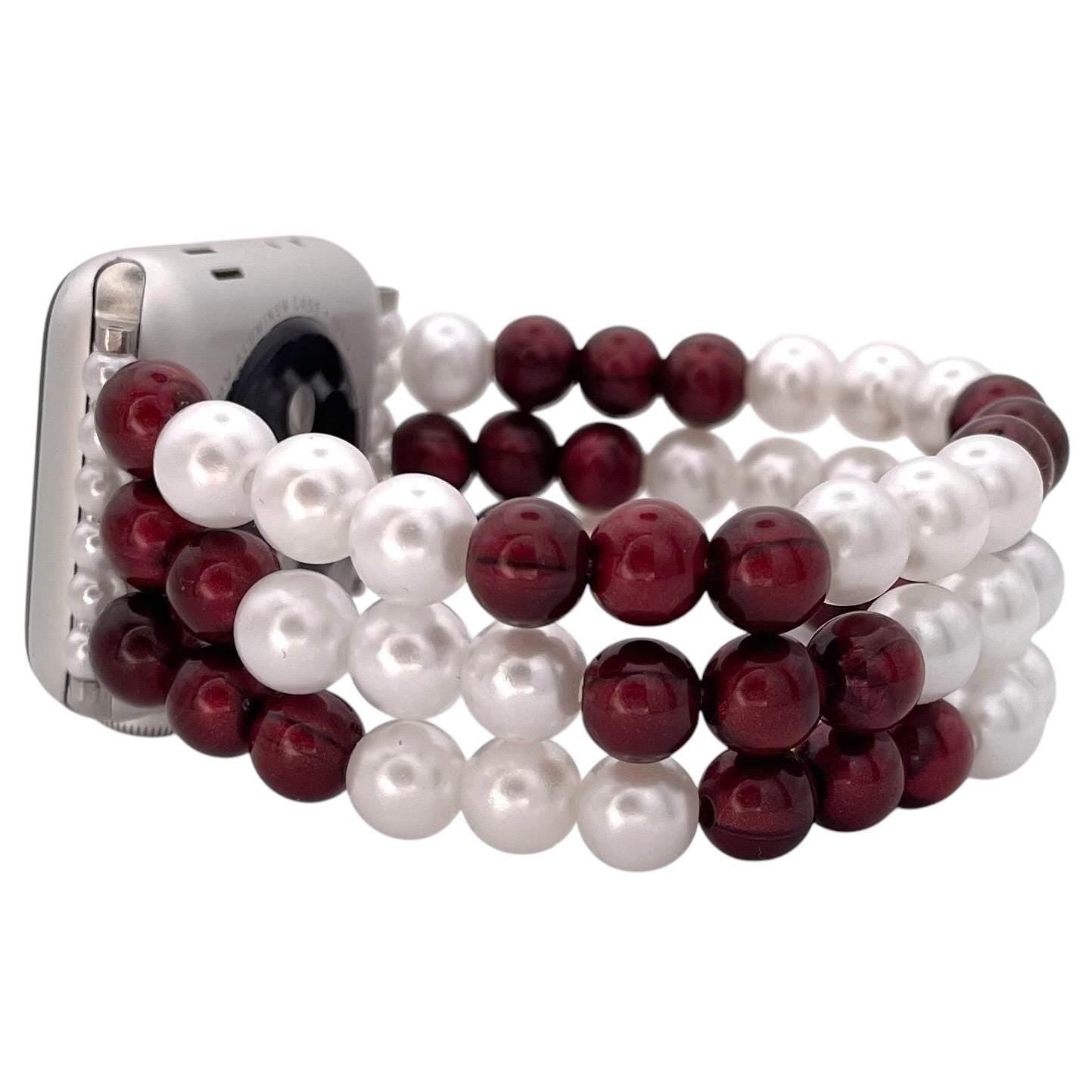 Burgundy and Pearl Beaded Apple Watch Band – Elegant Bracelet-Style Watch Strap