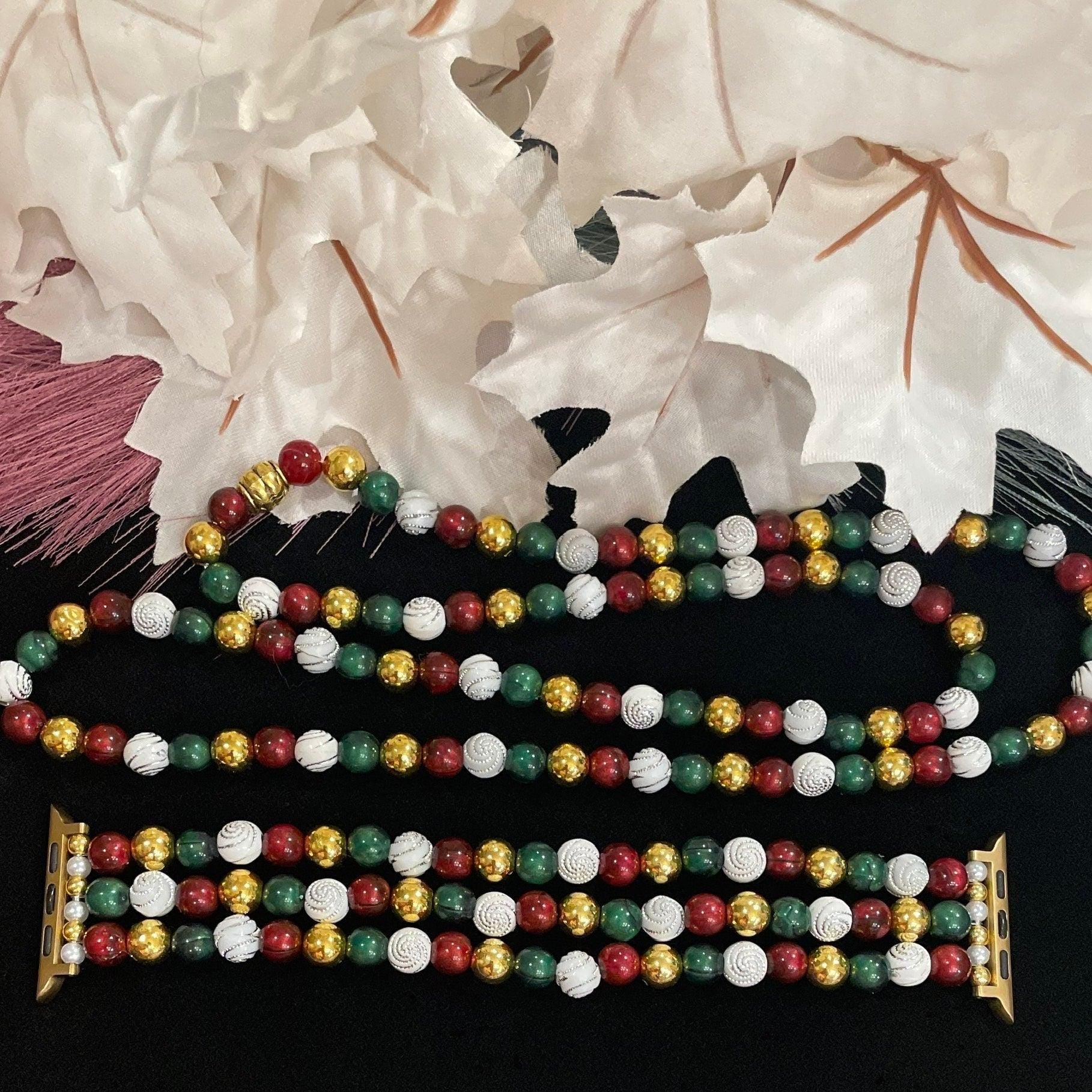 Festive Christmas Holiday Necklace Watchband Set Made with Imitation Pearls and Acrylic Beads Compatible with Apple Watch