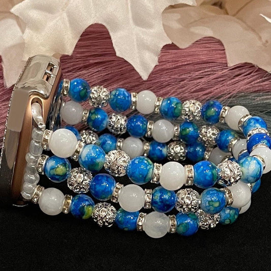 Blue Watch Band Compatible with Apple Watch Made with Acrylic, Cloud, and Rhinestone Beads