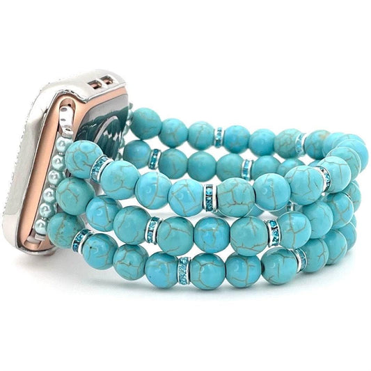 Blue Natural Stone Howlite Turquoise Watch Band Compatible with Apple Watch with Rhinestone Beads