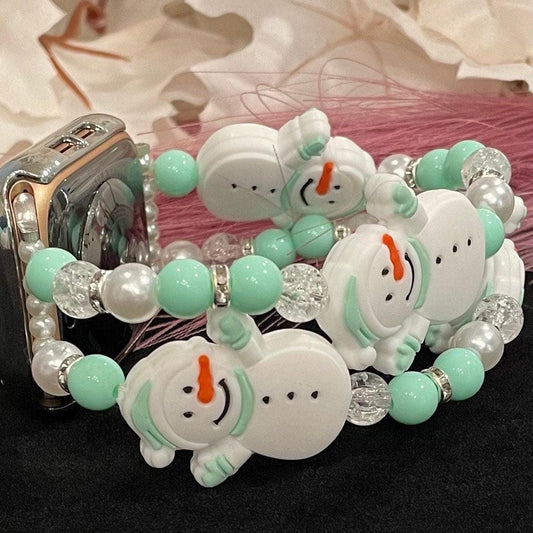 Mint Green Snowman Watch Band Compatible with Apple Watch Made with Silicone Snowmen, Acrylic, and Rhinestone Beads with Custom Sizing!
