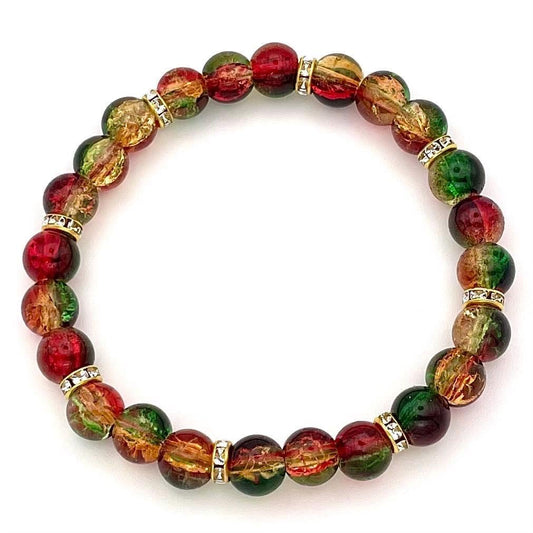Christmas-Themed Multicolor Crackle Glass Beaded Bracelet with Gold Accents | Red Green and Gold Custom Sized Handmade Bracelet