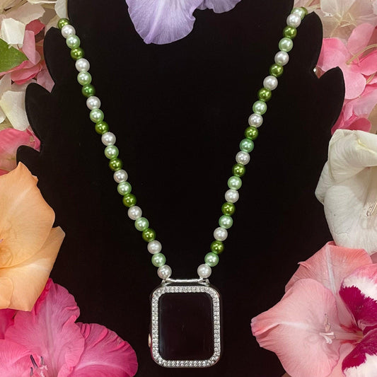 Green Watch Necklace Pendant Compatible With Apple Watch Made With Imitation Pearls