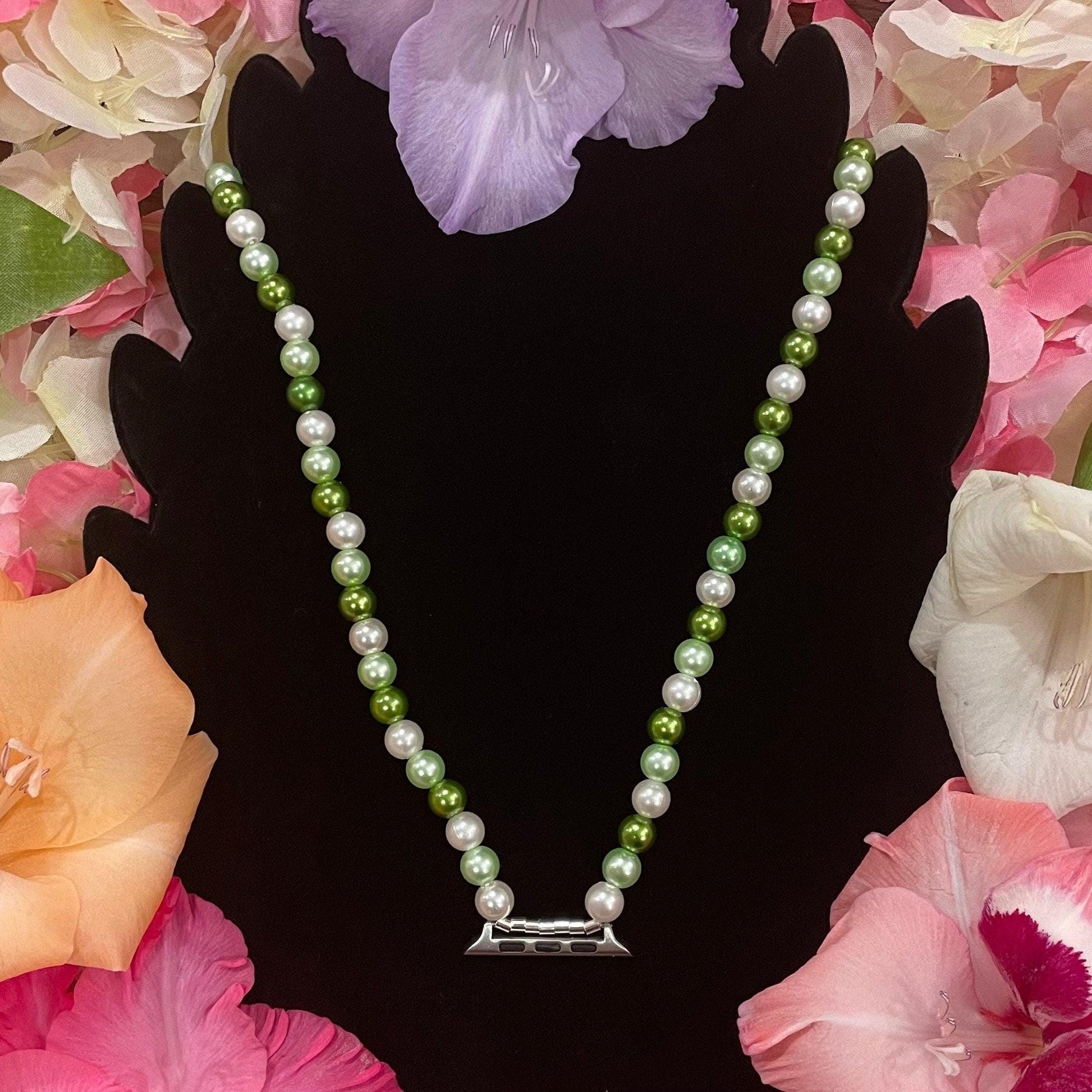 Green Watch Necklace Pendant Compatible With Apple Watch Made With Imitation Pearls