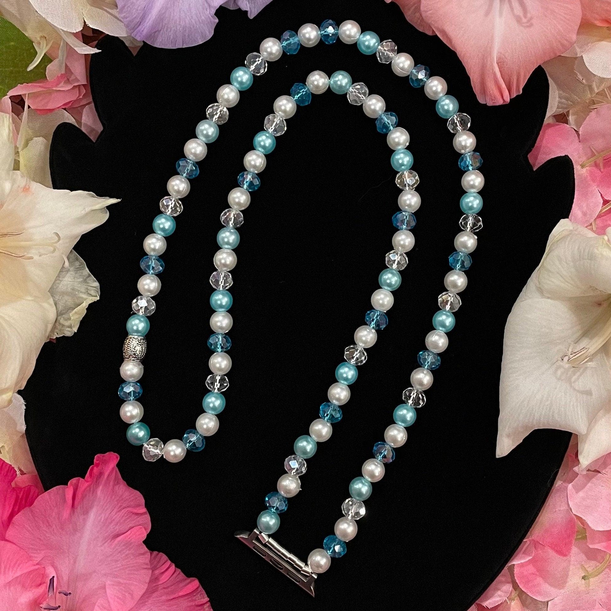 Blue Watch Necklace Pendant Compatible With Apple Watch Made With Imitation Pearls and Acrylic Beads