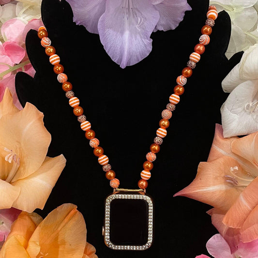 Orange Fall Watch Necklace Pendant Compatible With Apple Watch Made With Imitation Pearls