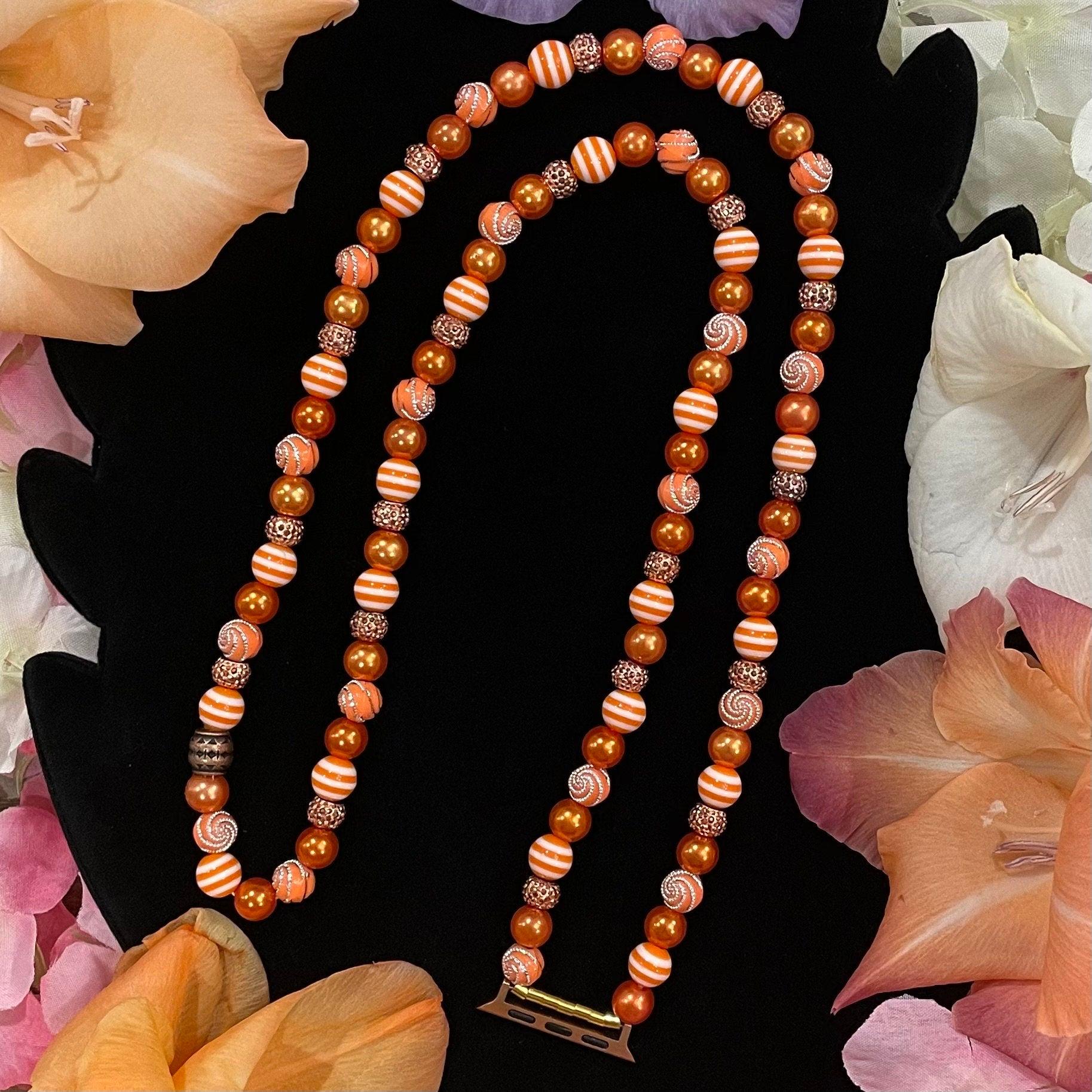 Orange Fall Watch Necklace Pendant Compatible With Apple Watch Made With Imitation Pearls