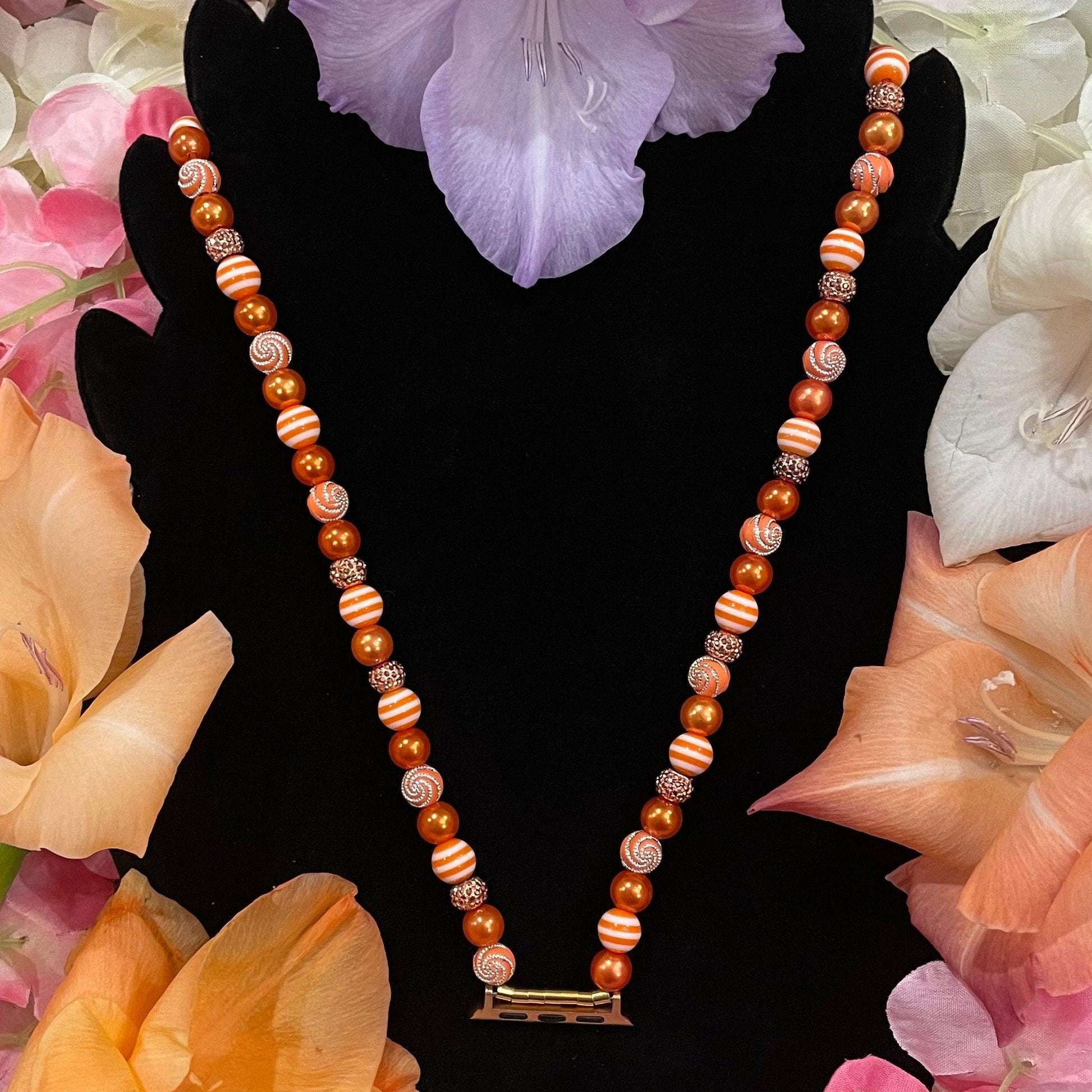 Orange Fall Watch Necklace Pendant Compatible With Apple Watch Made With Imitation Pearls