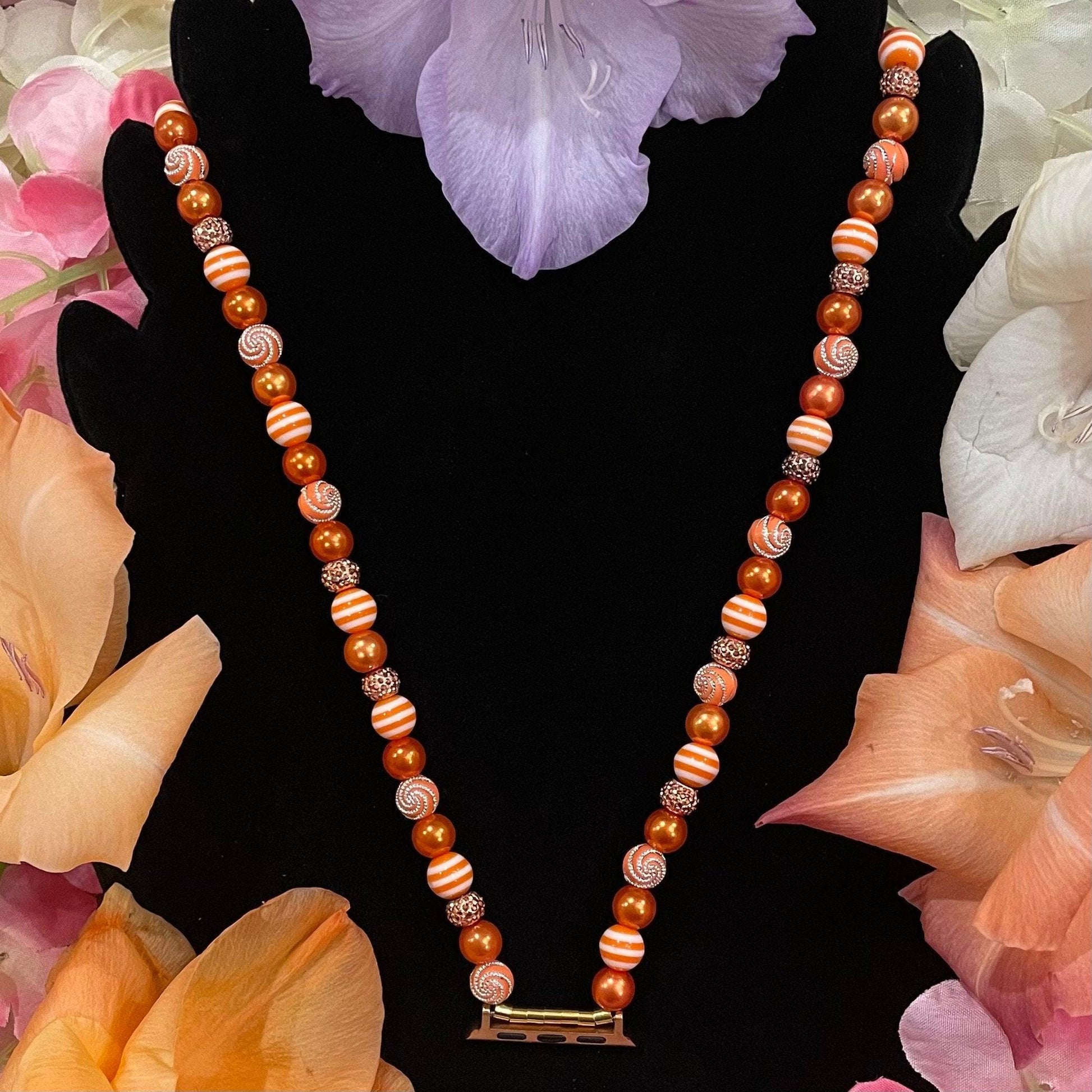 Orange Fall Watch Necklace Pendant Compatible With Apple Watch Made With Imitation Pearls