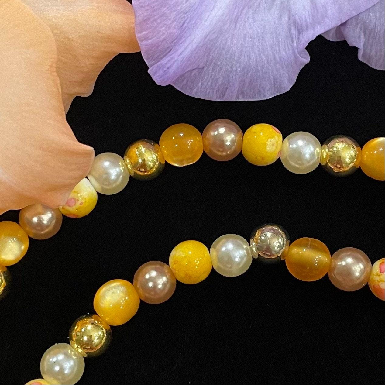 Yellow Fall Watch Necklace Compatible With Apple Watch Made With Imitation Pearls and Glass Beads