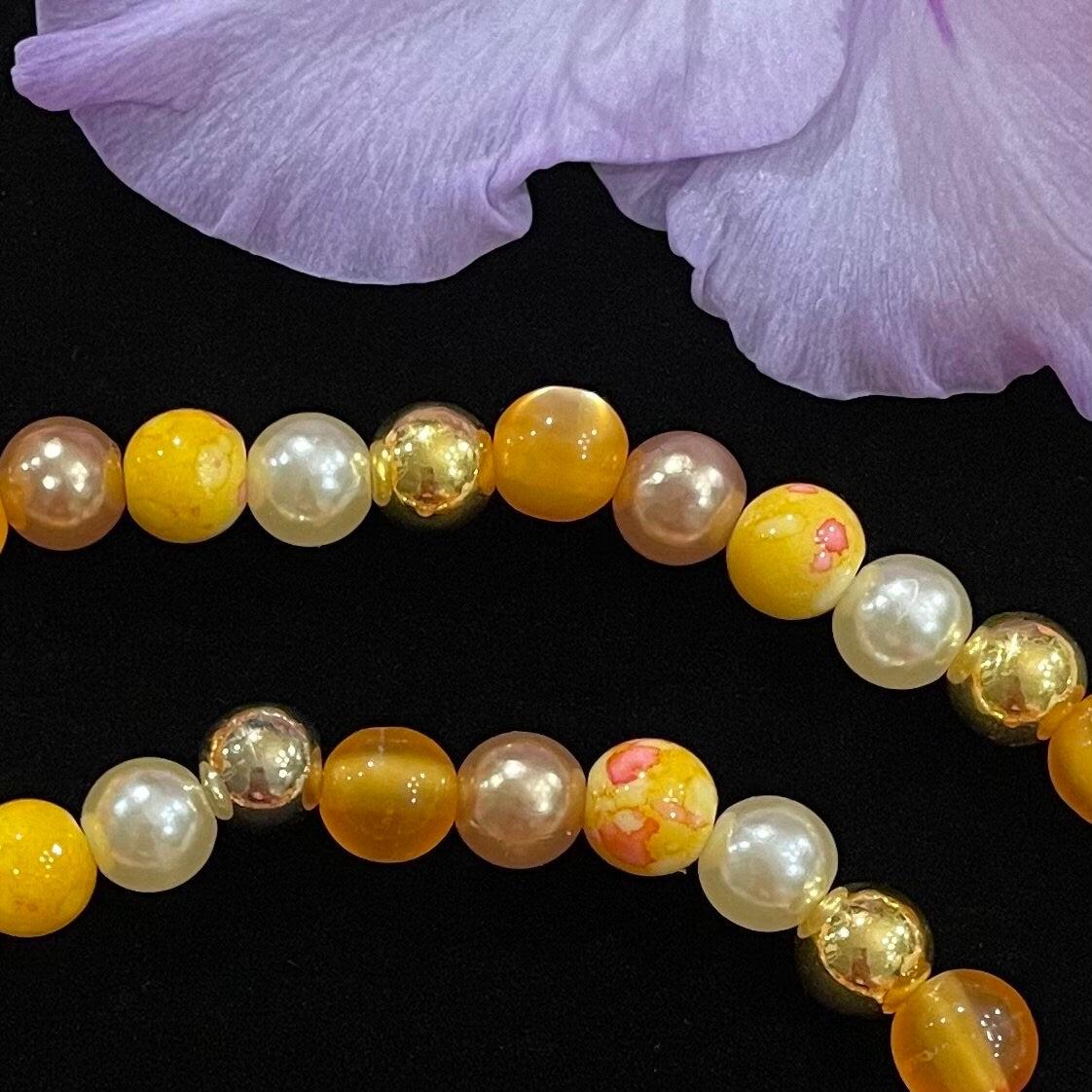 Yellow Fall Watch Necklace Compatible With Apple Watch Made With Imitation Pearls and Glass Beads