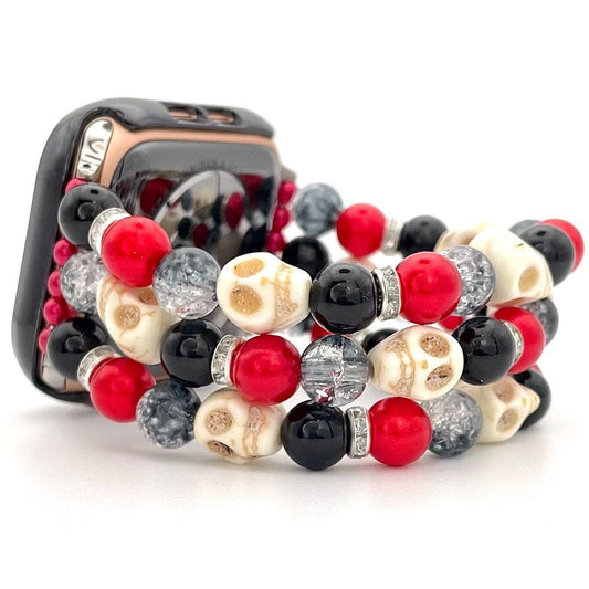 Halloween Skull Watch Band Compatible with Apple Watch With Howlite Skulls, Crackle Acrylic, Imitation Pearl, and Rhinestone Beads