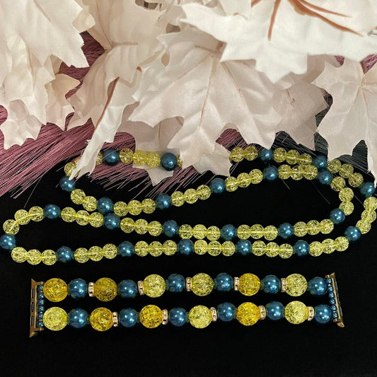 Matching Yellow Crackle and Blue Imitation Pearl Necklace and Watch Band with Rhinestones Compatible with Apple Watch