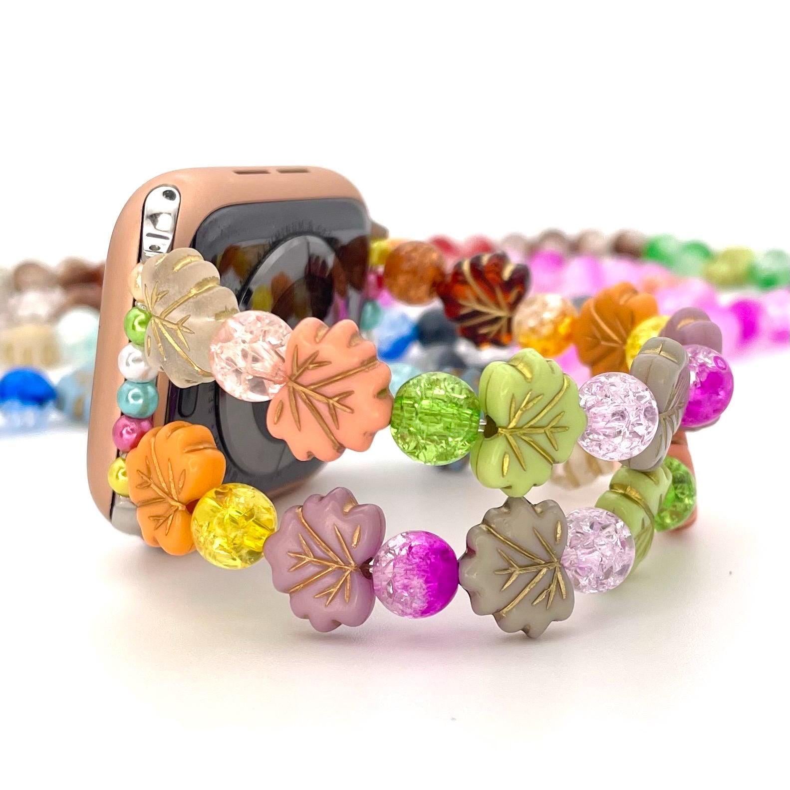 Matching Nature Rainbow Leaf Necklace and Watch Band with Rhinestones Compatible with Apple Watch Made With Acrylic Beads