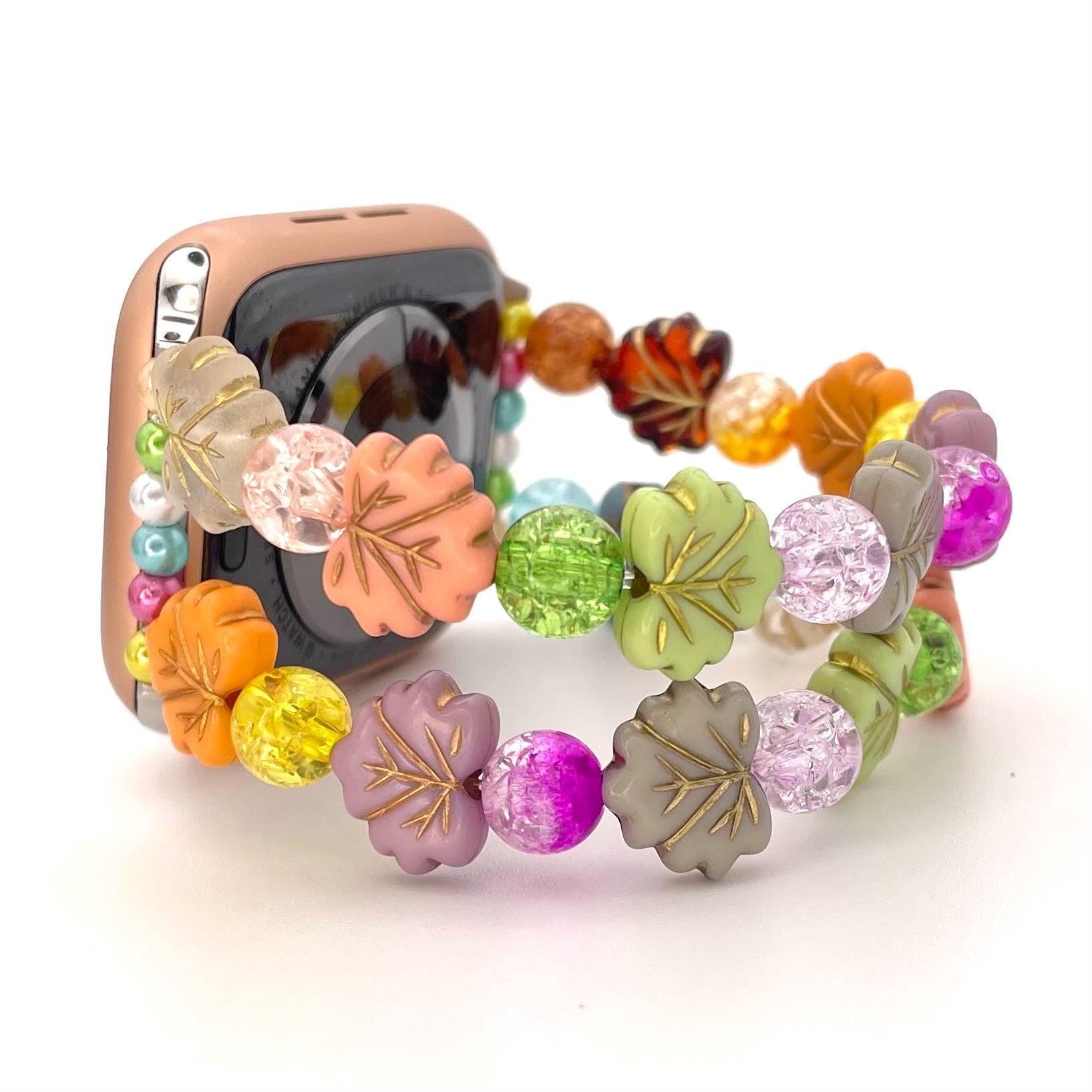 Matching Nature Rainbow Leaf Necklace and Watch Band with Rhinestones Compatible with Apple Watch Made With Acrylic Beads