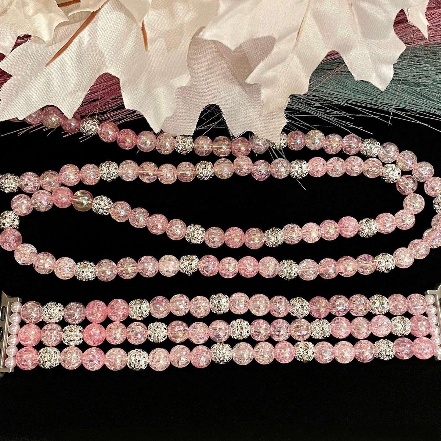 Matching Pink Crackle Necklace and Watch Band with Rhinestones Compatible with Apple Watch
