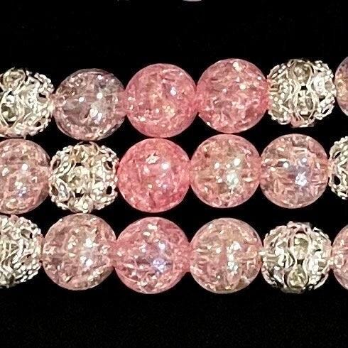 Matching Pink Crackle Necklace and Watch Band with Rhinestones Compatible with Apple Watch