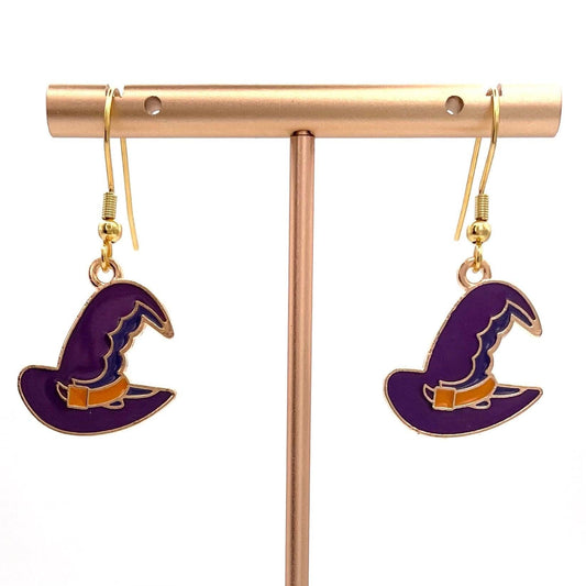 Halloween Witch Hat or Broom Earrings Made with Gold Finished Stainless Steel Earring Hooks