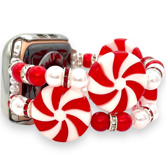 Peppermint Candy Holiday Apple Watch Band – Festive Red and White Beaded Band for Smartwatches