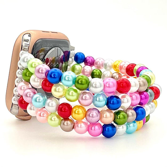 Custom-Sized Rainbow 6mm Imitation Pearl Apple Watch Band – Multicolor Beaded Bracelet Strap for Women, Compatible with All Sizes