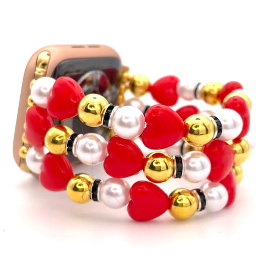 Custom-Sized Red Heart Beaded Apple Watch Band - Pearl and Gold Bracelet Style - Perfect for Valentine’s Day or Holiday Gifting