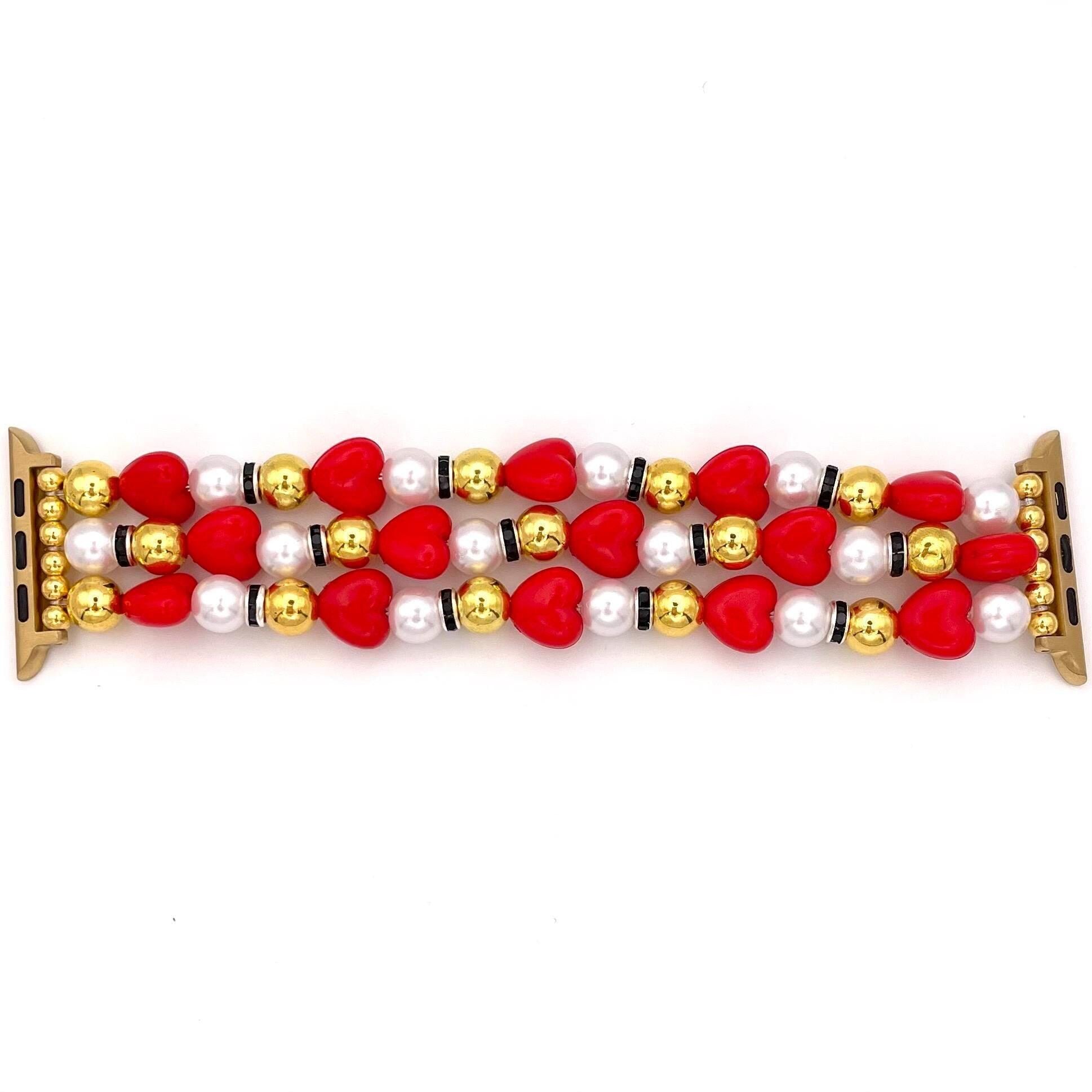 Custom-Sized Red Heart Beaded Apple Watch Band - Pearl and Gold Bracelet Style - Perfect for Valentine’s Day or Holiday Gifting