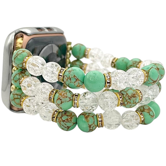 Mint Watch Band Made with Howlite, Crackle Acrylic, and Rhinestone Beads. Compatible with Apple Watch.