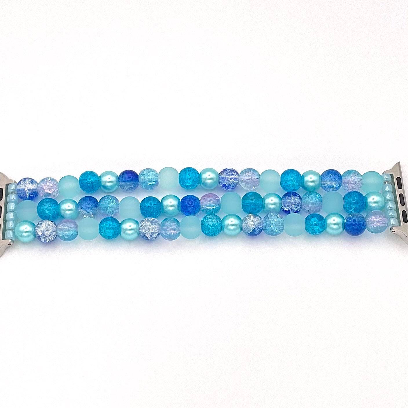 Blue Watch Band Compatible with Apple Watch with Glass Beads and Imitation Pearls, Custom Sizing!