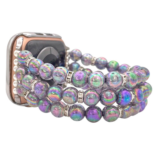Silver Watch Band Compatible with Apple Watch Band with Custom Sizing! Made with Acrylic Imitation Hematite and Rhinestone Beads