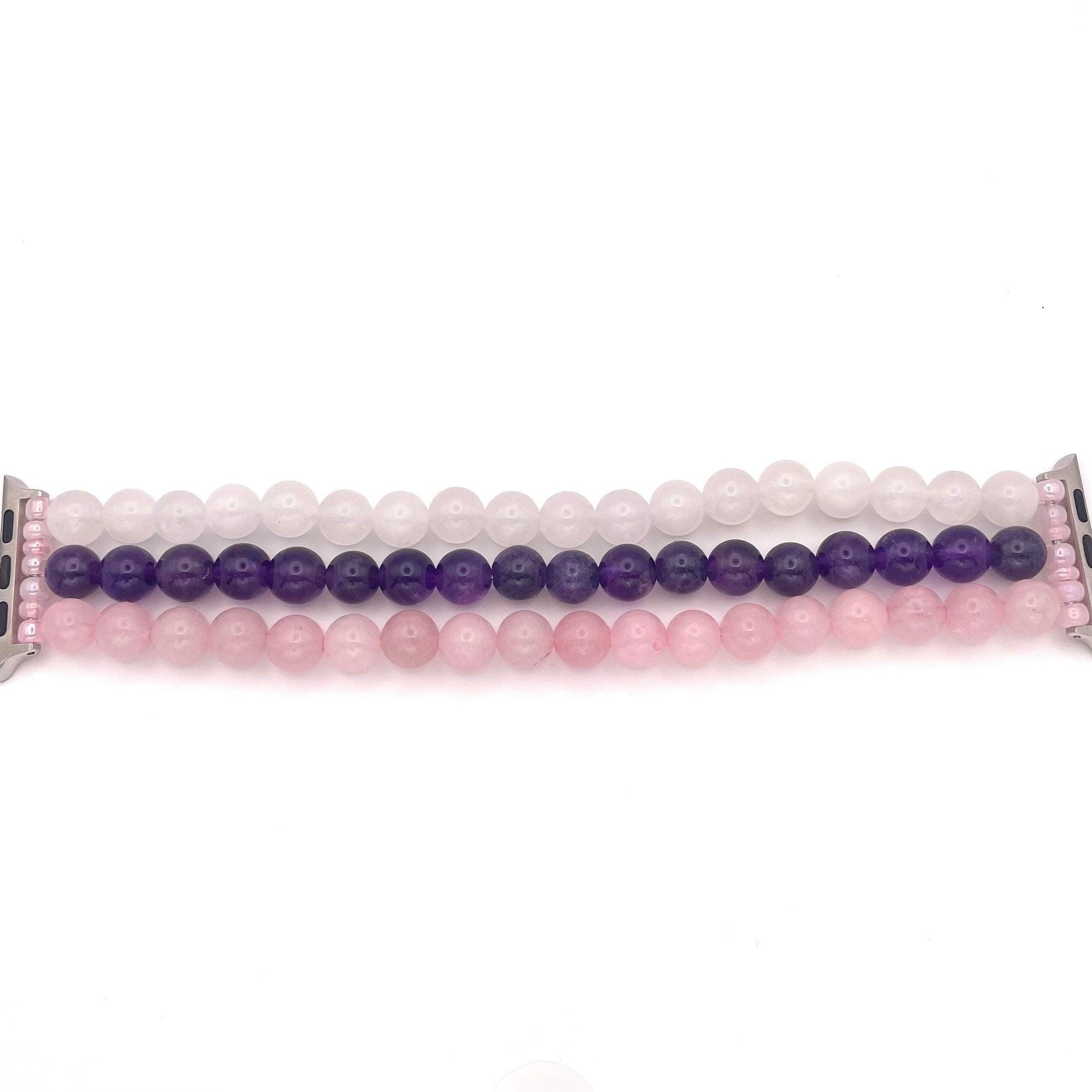 Rose Quartz, Amethyst, and White Jade Beaded Watch Band Compatible with Apple Watch.