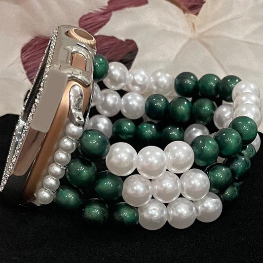 Green and White Watch Band Compatible with Apple Watch Made with Acrylic and Imitation Pearl Beads