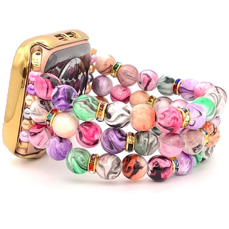 Artsy Swirl Pastel Watch Band Compatible with Apple Watch Band Made with Acrylic and Rainbow Rhinestone Beads