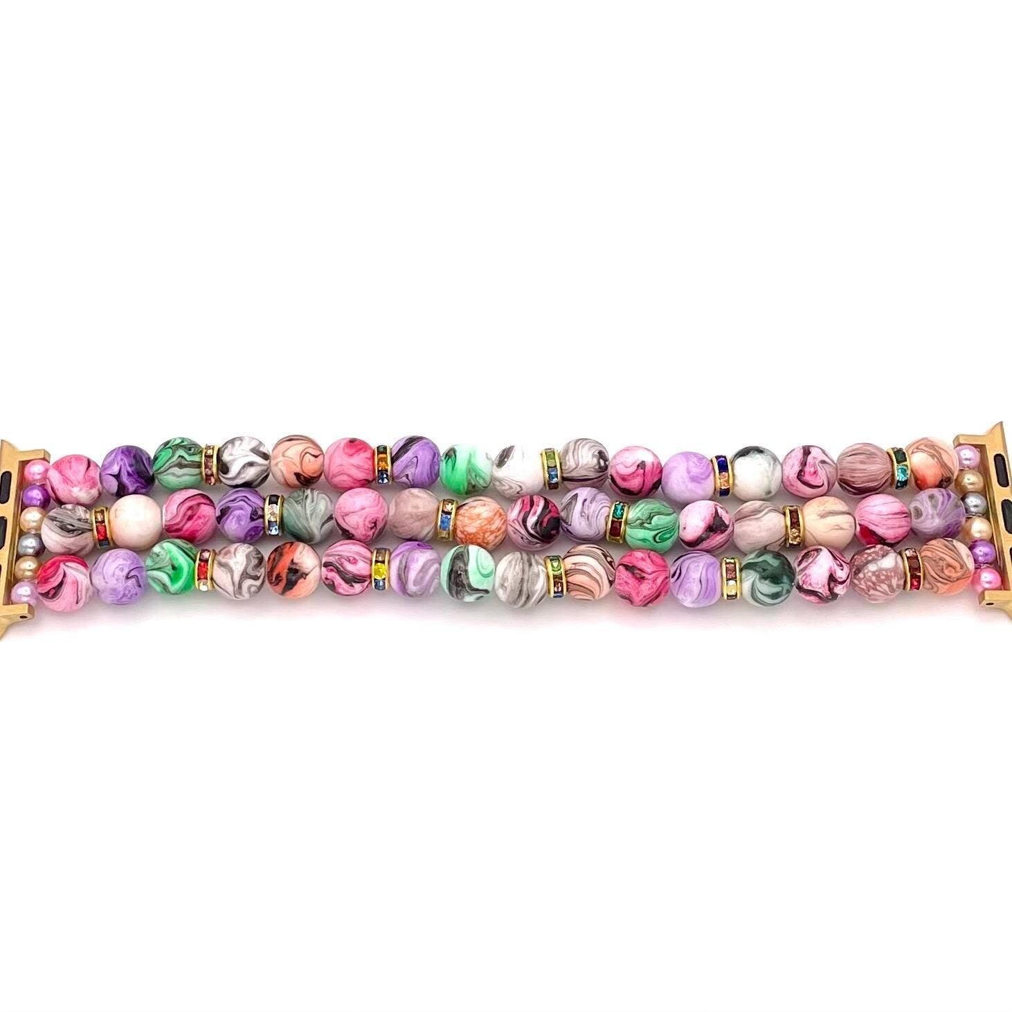Artsy Swirl Pastel Watch Band Compatible with Apple Watch Band Made with Acrylic and Rainbow Rhinestone Beads